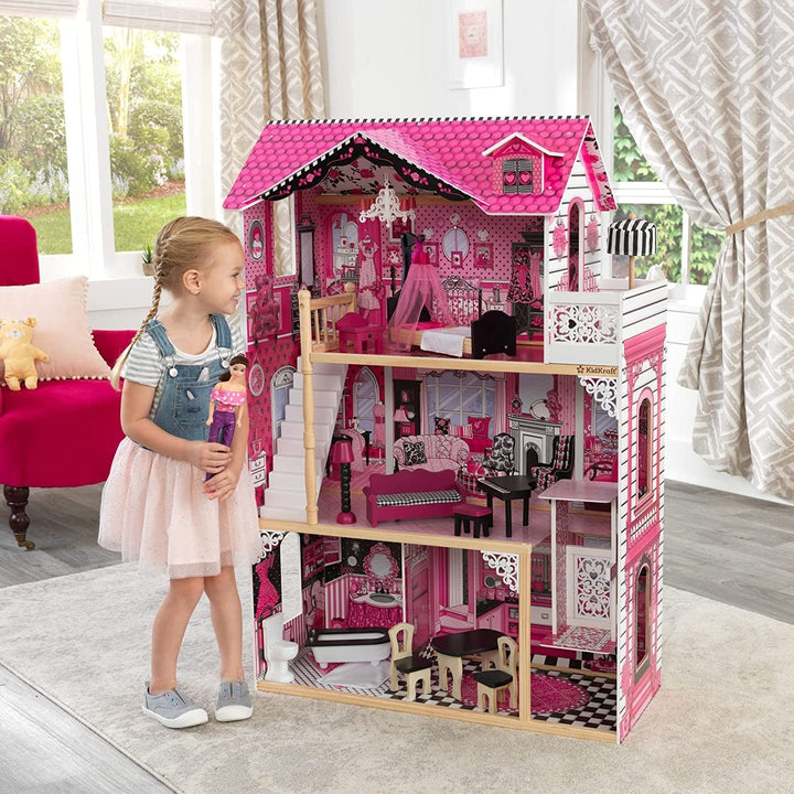 Casă de păpuși din lemn Kidkraft Amelia cu mobilier și accesorii, set de joacă cu balcon și lift pentru păpuși de 30 cm, jucărie pentru copii de la 3 ani, 65093 Casute de papusi Naty Shop