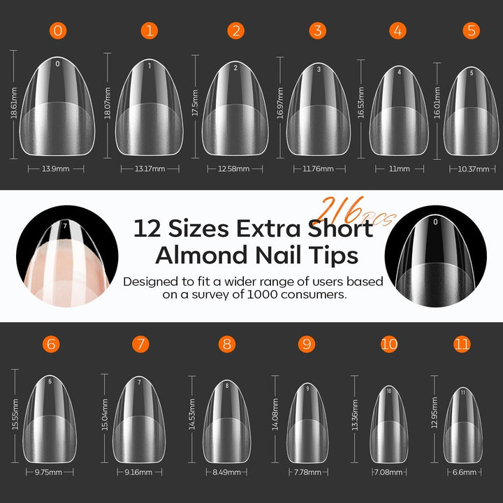 Modelones Tips Unghii 216 Piese - Set Tips Unghii Acoperire Completă, Set Tips Gel Moale, Tips Unghii Rășină PMMA Pre-Lustruire, Unghii Artificiale pentru Lipire pe Nail Art DIY, Migdale Scurte XS