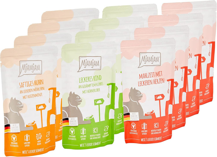 Mjamjam - Hrană umedă premium pentru pisici - Mixpack I - pui, vită, inimi, pachet de 12 (12 X 125 G), fără cereale cu extra carne