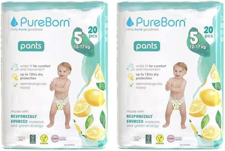 Scutece Pureborn Baby Premium Pantaloni, protectie optima zi si noapte, testate dermatologic, ultra moi, prietenoase cu pielea Mama si Copilul Naty Shop Marimea 5 (12-17 Kg) (Pachet de 2)