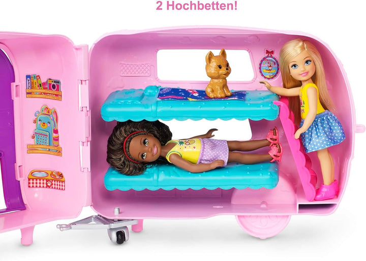 Barbie Chelsea Series, Chelsea Car And Camper Set cu 10+ Barbie Camping Accessories, 1X Chelsea Doll, Teal Car And Pink Mini Camper, Cadouri pentru copii 3+ ani, Fxg90 Papusi Naty Shop