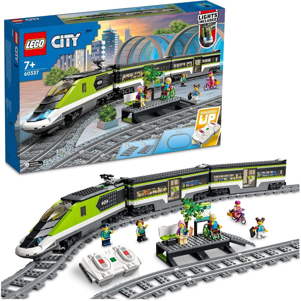 LEGO City Passenger Express Train, set cu tren controlat de la distanță, jucărie feroviară cu faruri, 2 vagoane și 24 de elemente de cale, cadou pentru copii, băieți și fete 60337 Seturi de constructie Besuche den LEGO-Store Singur