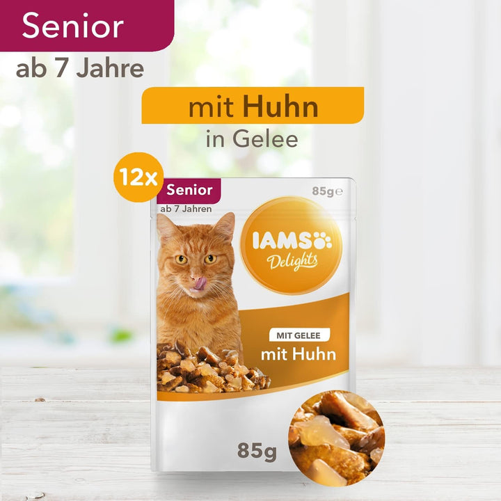 IAMS Delights Senior Cat Food Wet - Multipack cu pui în jeleu, hrană umedă de înaltă calitate pentru pisici mai în vârstă de la 7 ani, 12 X 85 G