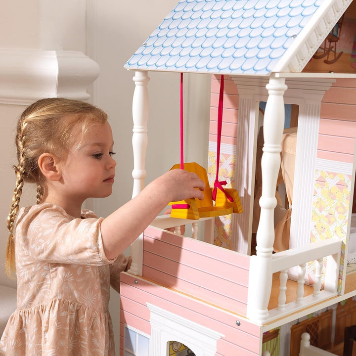 Casă de păpuși Kidkraft Savannah din lemn cu mobilier și accesorii, set de joacă cu scaun suspendat și pat cu baldachin pentru păpuși de 30 cm, jucărie pentru copii de la 3 ani, 65023 Casute de papusi Naty Shop