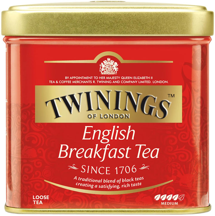 Twinings English Breakfast Tea Ceai negru vrac în cutie de ceai Ceai negru puternic din frunze de ceai de înaltă calitate culese din cele mai bune plantații de ceai din Sri Lanka și India G, neutru, 100 grame