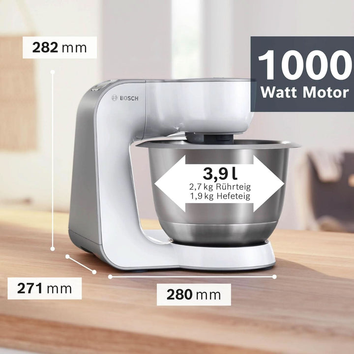 Küchenmaschine Serie 4 MUM58210, Edelstahl-Schüssel 3,9 L, Planetenrührwerk, Patisserie-Set Aus Edelstahl, Knethaken, Schlagbesen, Rührbesen, Durchlaufschnitzler, 3 Scheiben, 1000 W, Weiß/Silber Mama si Copilul Naty Shop
