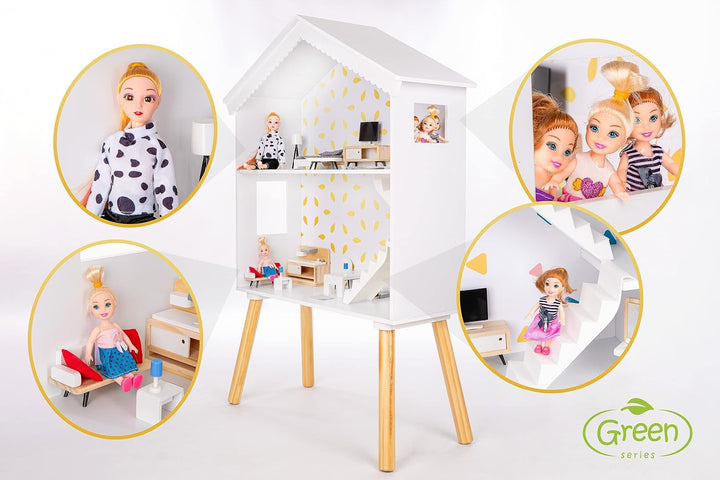 Green Series Casă mare din lemn pentru păpuși - Casă de păpuși, potrivită pentru păpuși mari, GS0024 Casute de papusi Naty Shop