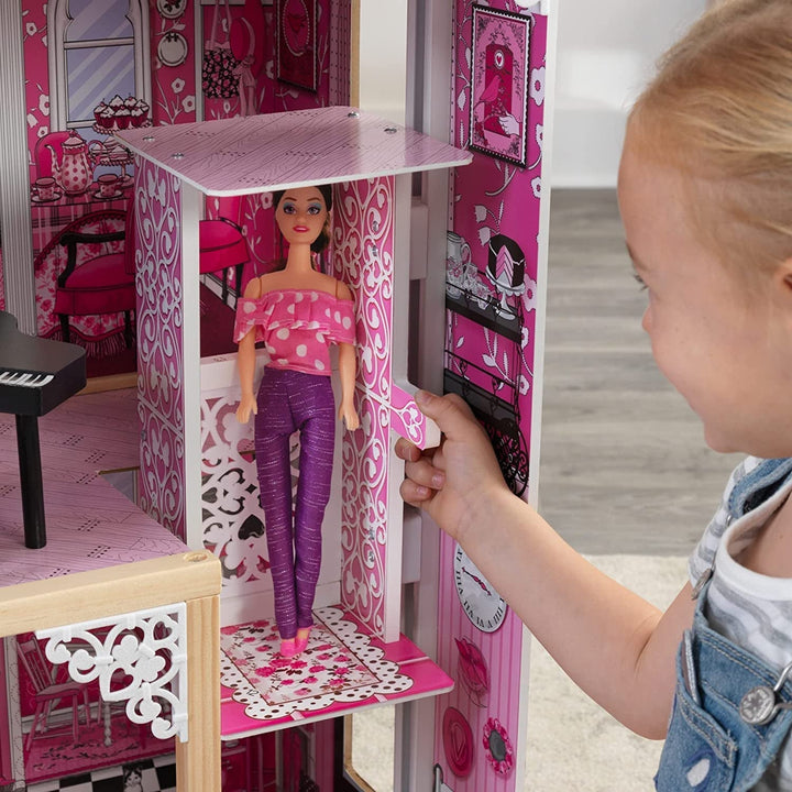 Casă de păpuși din lemn Kidkraft Amelia cu mobilier și accesorii, set de joacă cu balcon și lift pentru păpuși de 30 cm, jucărie pentru copii de la 3 ani, 65093 Casute de papusi Naty Shop