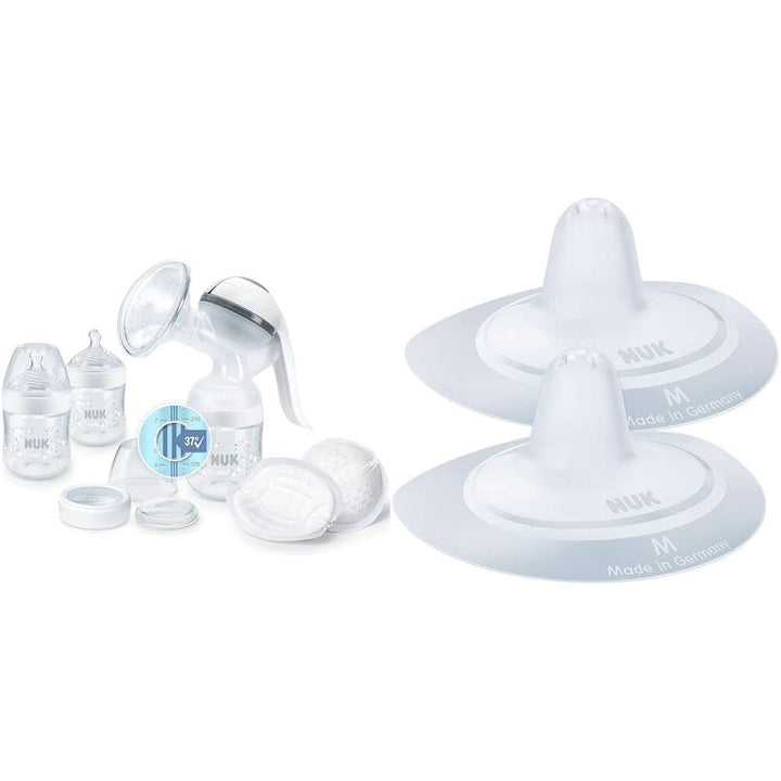 Pompă de sân manuală NUK Nature Sense | Set de alăptare cu pompă de sân manuală, biberoane și tampoane de alăptare Ultra Dry Comfort | 6 piese Accesorii Hrana si Alaptare Bebe Naty Shop Pachet cu protecție pentru mamelon Cu control al temperaturii