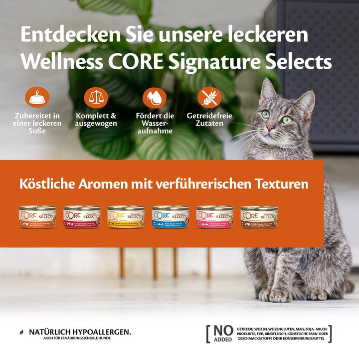 Wellness CORE Signature Selects, Shredded Selection Mix, 8 X 79 G, Hrană umedă premium pentru pisici adulte în sos, fără zahăr adăugat, fără cereale, cu conținut ridicat de carne