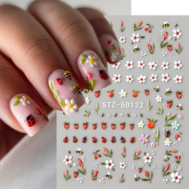 JMEOWIO 3D Nagelsticker Blumen Frucht Nail Art Sticker Selbstklebend Nagelaufkleber 5D Stereoskopisch Dekoration Nageldesign Zubehör 4 Blatt
