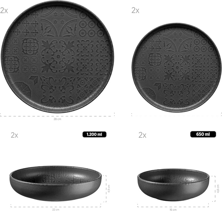 MÄSER 934064 Serie Tiles Modernes Vintage Geschirr Set Für 2 Personen in Maurischem Design Mit Mattglasur, 8-Teiliges Tafelservice Mit Tellern Und Schalen Aus Hochwertiger Keramik, Steinzeug, Schwarz Seturi vesela masa Naty Shop