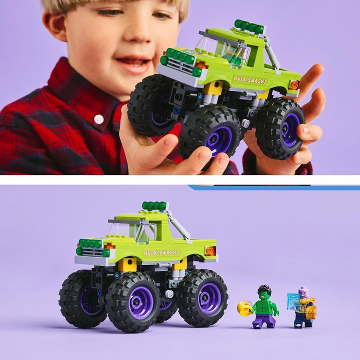 LEGO Ç€ Marvel Hulk Truck Vs. Thanos - Jucărie de construit supereroi - Vehicul Avengers și minifigurine - Camion monstru pentru mega distracție - Cadou pentru băieți și fete de la 7 ani - 76312 Seturi de constructie Besuche den LEGO-Store