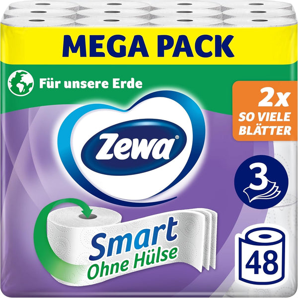 Hârtie igienică Zewa Smart fără manșon, pachet vrac cu 48 de role (6 X 8 X 300 coli)