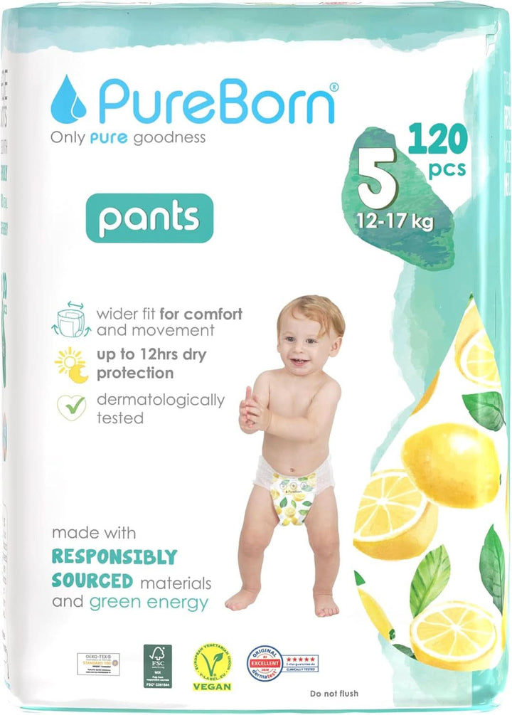 Scutece Pureborn Baby Premium Pantaloni, protectie optima zi si noapte, testate dermatologic, ultra moi, prietenoase cu pielea Mama si Copilul Naty Shop Marimea 5 (120 bucati)