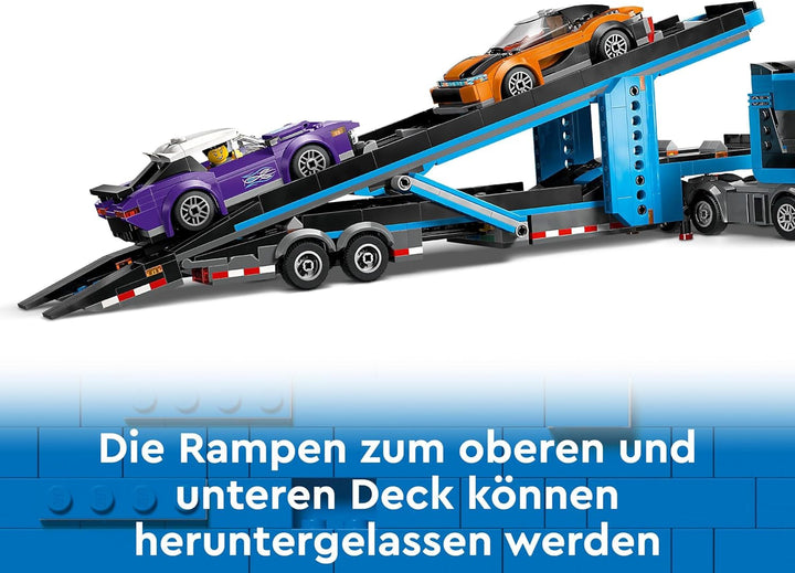 LEGO City Car Transporter cu mașină sport, set de 4 mașini de jucărie pentru băieți și fete de la 7 ani, cadou de Crăciun sau aniversare, 4 minifigurine pentru jocuri de rol 60408 Seturi de constructie Besuche den LEGO-Store