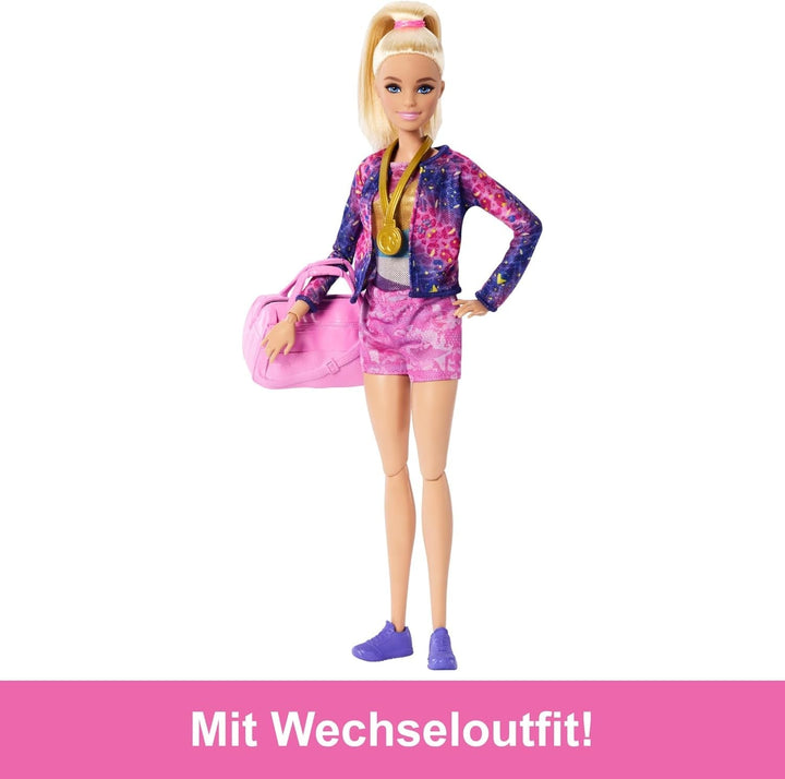 Barbie Gym Fun Playset cu bară de echilibru și peste 10 piese tematice potrivite pentru povești victorioase, HRG52 Papusi Naty Shop