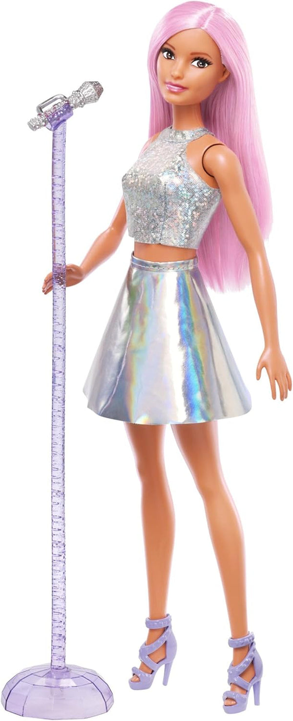 Păpușa Barbie Pop Star îmbrăcată într-o fustă strălucitoare, cu microfon și păr roz, cadou pentru copii de la 3 la 7 ani, JCW42, Dazzling Papusi Naty Shop Iridescent