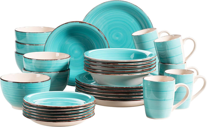 MÄSER 931612 Bel Tempo II 30-Teiliges Vintage Geschirr Set Für 6 Personen, Handbemaltes Keramik Kombiservice in Blau, Steingut, Rauchblau Seturi vesela masa Naty Shop Türkis