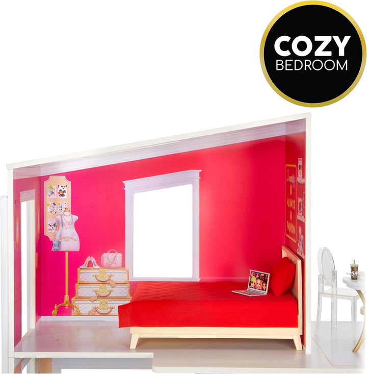 Rainbow High Townhouse - Casă de păpuși din lemn cu 3 etaje cu 5 camere colorate și terasă - Casă complet mobilată cu lift și accesorii funcționale - Jucărie pentru copii de la 4 la 12+ ani Casute de papusi Naty Shop