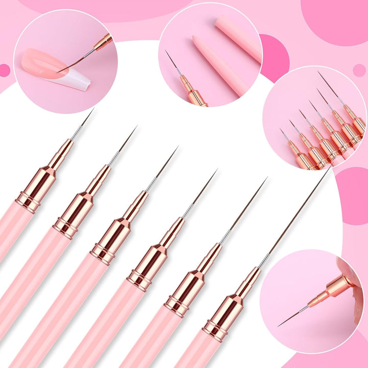 6 Stück Liner Nailart Pinsel Nageldesign Pinsel Set Dünn Acryl Nagelpunkt-Zeichenwerkzeug Nägel Dünne Nagelpinsel Set Für Lange Linien, Dünne Details, Feines Zeichnen 5/7/9/11/15/25 Mm（Rosa）