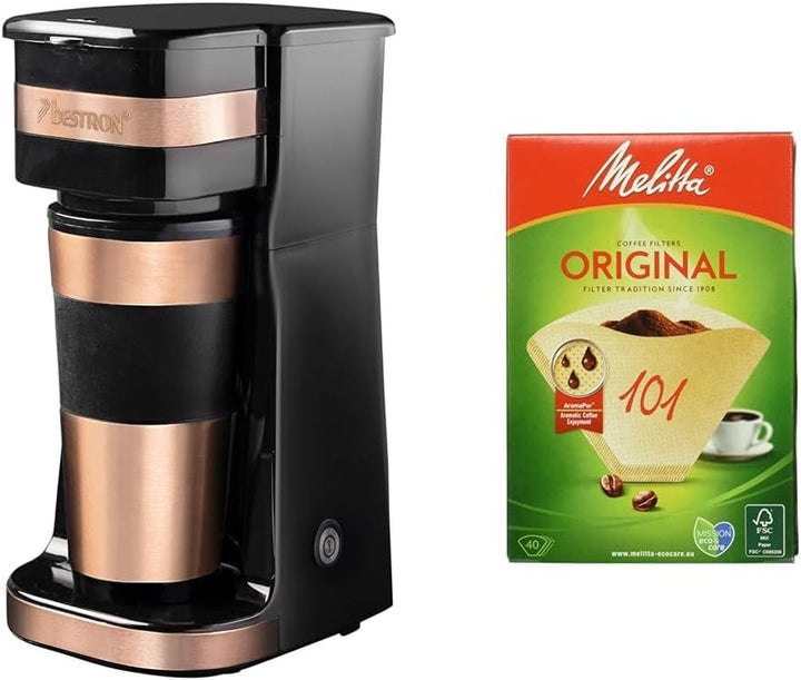 Espressor Bestron cu cană izolată, espressor de camping pentru cafea măcinată la filtru, espressor mic pentru 2 cești mari, 750 wați, culoare: negru/argintiu