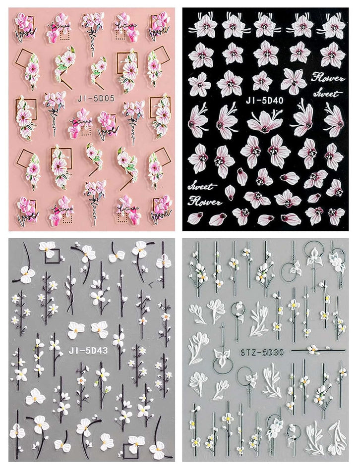 JMEOWIO 3D Nagelsticker Frühling Blume Nail Art Sticker Selbstklebend Nagelaufkleber 5D Stereoskopisch Buntes Sommer Blumen Dekoration Nageldesign Zubehör 4 Blatt