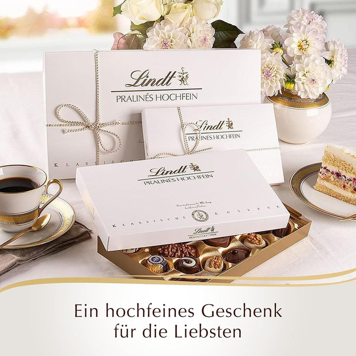 Lindt - Praline din ciocolata Hochfein,12 praline in 7 sortimente delicioase cu si fara alcool Bomboane de Ciocolata Naty Shop