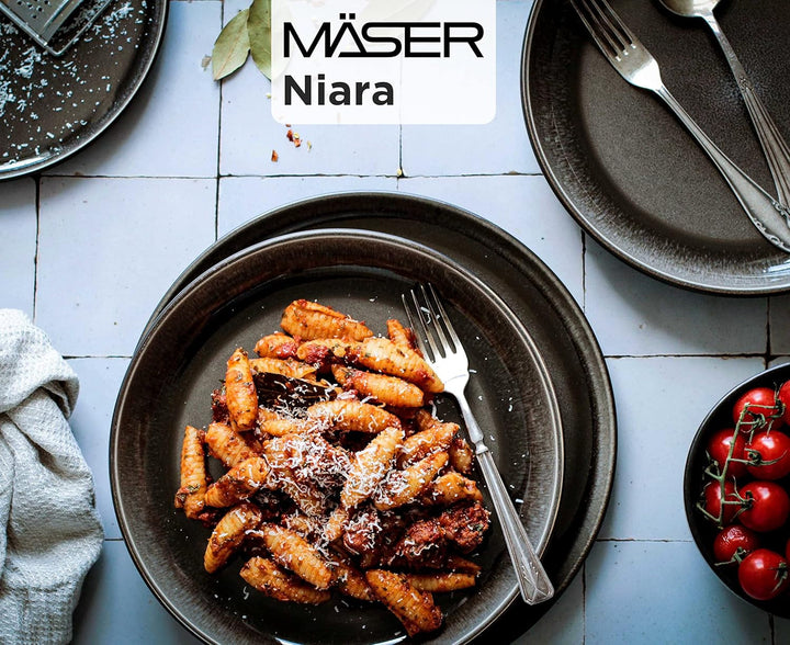 MÄSER 934020 Serie Niara, Modernes Geschirr Set Für 6 Personen in Aufregendem Vintage Look, 18-Teiliges Frühstücksgeschirr Service Aus Keramik in Grau Und Schwarz, Steinzeug Seturi vesela masa Naty Shop