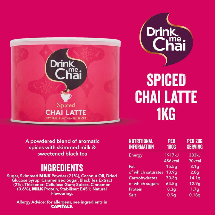 Drink Me Chai Chai Latte condimentat 1 kg (4 bucăți) – Adăugați doar apă, pudră Chai Latte (200 porții în total)