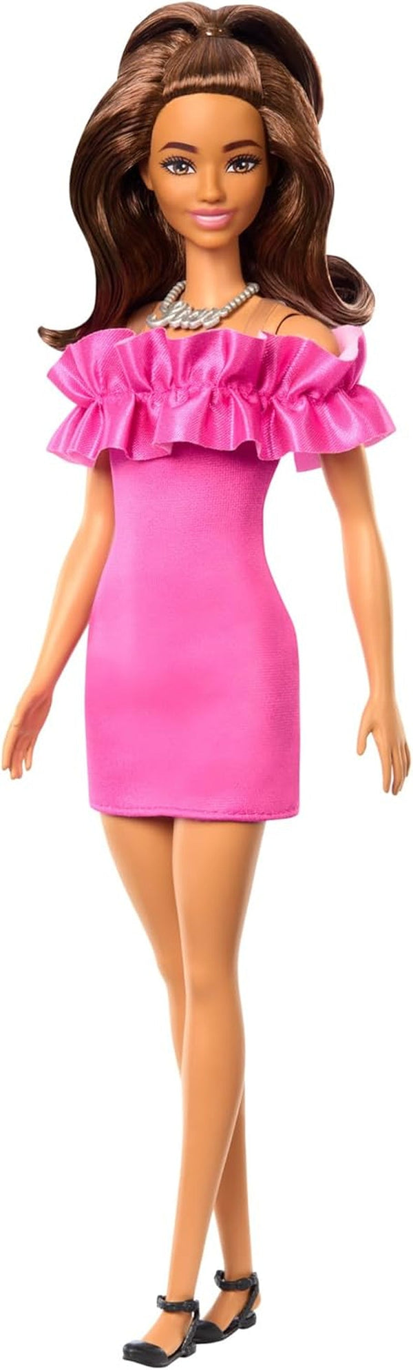 Barbie Fashionistas păpușă nr. 217 cu păr ondulat castaniu, o rochie roz cu umerii deschiși, păpușă de modă pentru a colecta cu ocazia celei de-a 65-a aniversări, HRH15 Papusi Naty Shop Titlu implicit