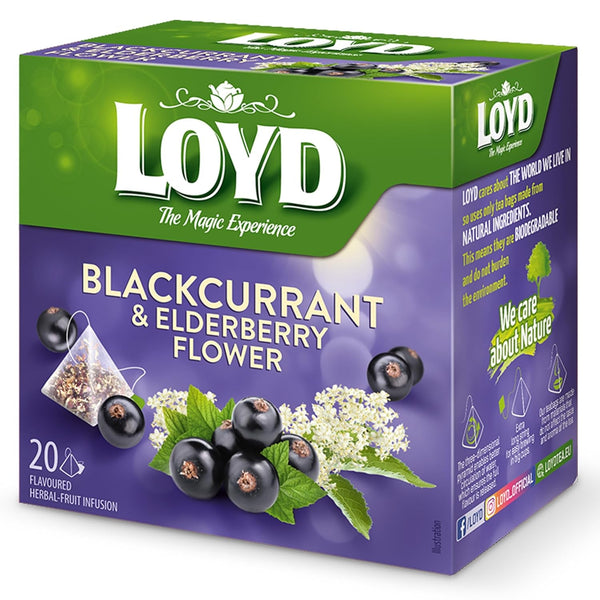 LOYD - Ceai de fructe cu coacăze negre și fructe de soc - 20 pliculețe piramidale - Amestec de flori de soc, frunze de mure cu suc de coacăze negre - Gust dulce și intens - 40 g