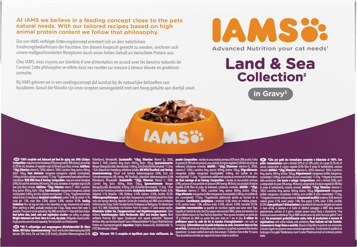 IAMS Delights Senior Cat Food Wet - Multipack cu pui și pește în sos, hrană umedă de înaltă calitate pentru pisici bătrâne de la 7 ani, 12 X 85 G