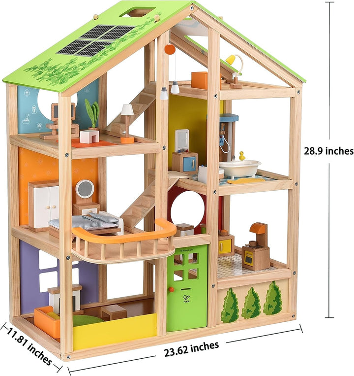 Hape Four Seasons Wooden Doll's House Casă de păpuși premiată cu trei etaje, cu mobilier, accesorii, scări mobile și acoperiș reversibil pentru fiecare sezon Casute de papusi Naty Shop