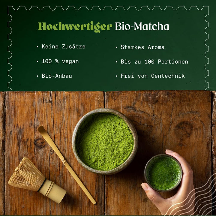 Naturalebio Matcha Ceai pudră bio - Calitate premium - 100G. Ceai verde original din Japonia. Ideal pentru băut. Ceai verde pentru latte, smoothie-uri. Produs în Uji, Kyoto.