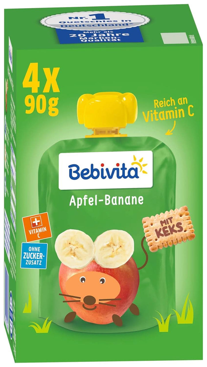 Kids fun fructe și cereale, integrale în mere-banane, pachet de 4 ( 4 X 90 grame ) Mama si Copilul Naty Shop Măr-banană cu biscuit