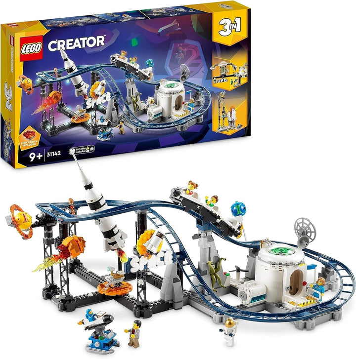 LEGO 31142 Creator 3-In-1 Rollercoaster spațial, kit de jucărie pentru bâlci cu cărucioare funcționale, convertibil în turn de cădere liberă sau carusel cu rachete și cărămizi strălucitoare Seturi de constructie Besuche den LEGO-Store Singur