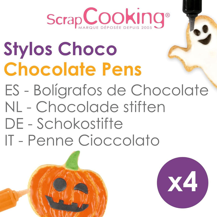 Scrapcooking - Set de 4 stilouri de ciocolată de Halloween - negru, portocaliu, violet și alb, scrieți și desenați pe deserturi, prăjituri și biscuiți Naty Shop