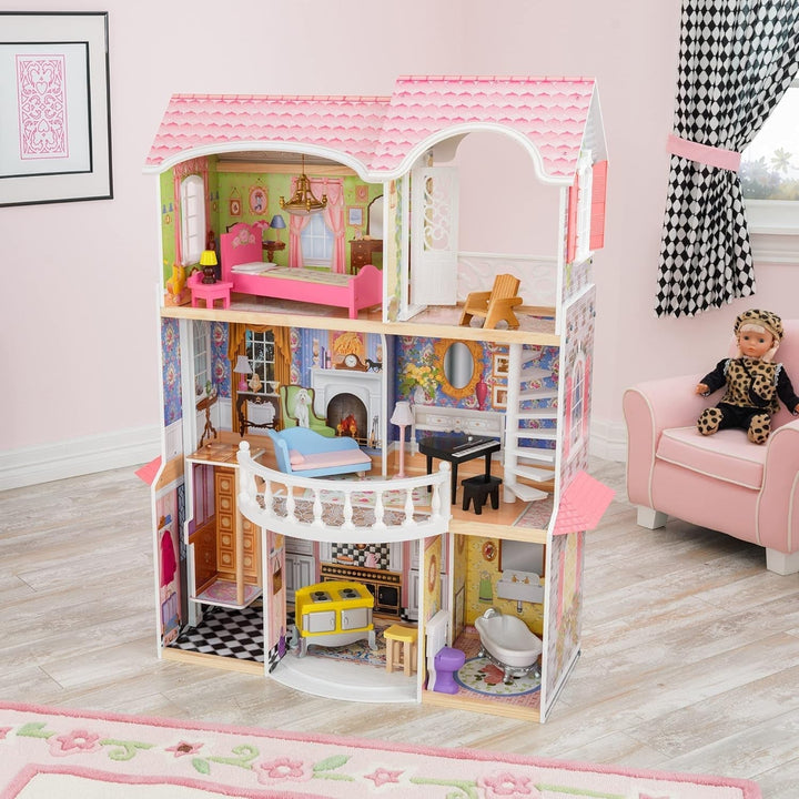 Casa de păpuși Kidkraft Magnolia Mansion din lemn cu mobilier și accesorii, set de joacă cu balcon și lift pentru păpuși de 30 cm, jucărie pentru copii de la 3 ani, 65907 Casute de papusi Naty Shop