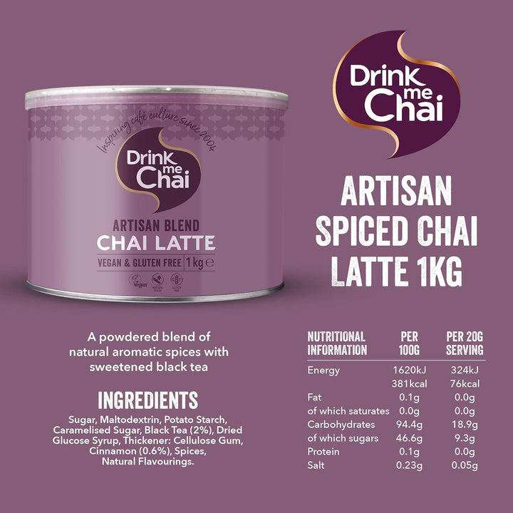 Drink Me Chai Artisan Blend Chai Latte 1 kg (pachet de 1), doar adaugă lapte, pudră vegană și fără gluten pentru chai latte (50 de porții în total)