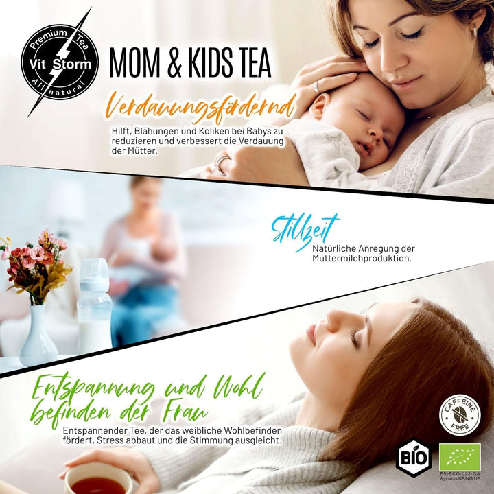 VITSTORM® BIO TEE Mom &amp; Kids – Ceai pentru femei și alăptare – Rooibos, mere, fenicul, melisă, alchemilla, căpșuni – Ceai relaxant - Fructat și delicios - Fără cofeină - Ceai din plante 100 g