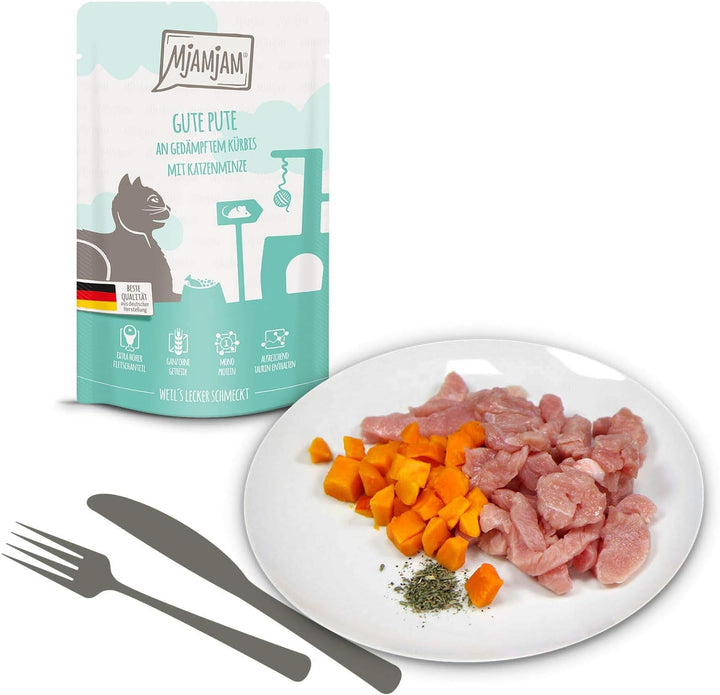 Mjamjam - Hrană umedă premium pentru pisici - Mixpack IV - 4*pui, 4*pui și pasăre, 4*curcan 12 X 125G, 12Pack (12 X 125 G), fără cereale cu extra carne