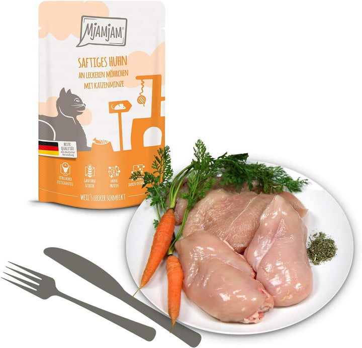 Mjamjam - Hrană umedă premium pentru pisici - Mixpack I - pui, vită, inimi, pachet de 12 (12 X 125 G), fără cereale cu extra carne