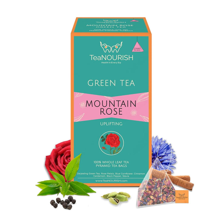 Teanourish Ghimbir Tulsi Ceai verde | 20 pliculețe de ceai piramidale | Darjeeling frunze întregi | Superalimente indiene Ghimbir, Tulsi &amp; Lemn dulce | Ameliorează stresul și favorizează digestia