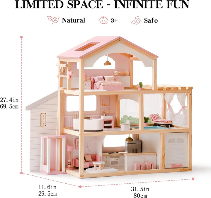 ROBUD Casă de păpuși din lemn, vilă de păpuși cu mobilier, cu lift, garaj, pavilion și piscină, cadou pentru copii de 3, 4, 5, 6 ani și mai mari, roz Casute de papusi Naty Shop