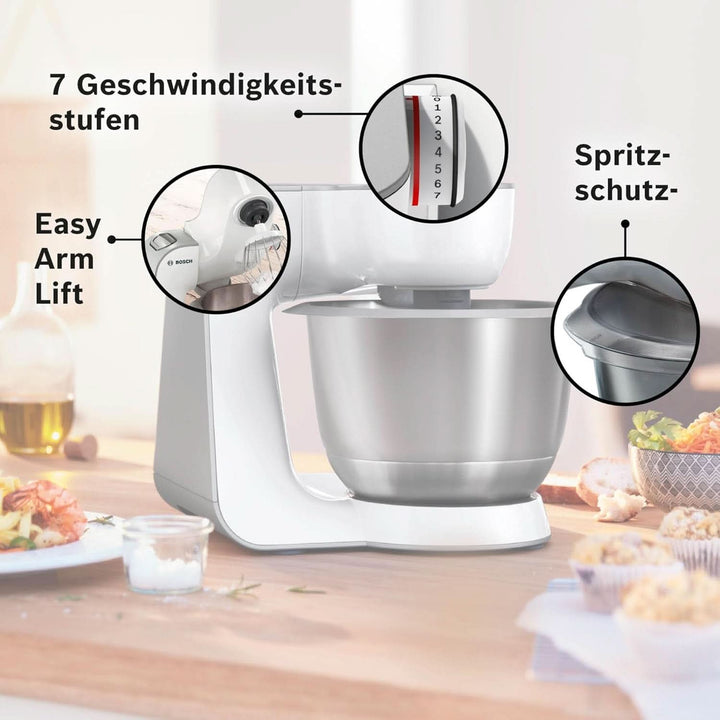 Küchenmaschine Serie 4 MUM58210, Edelstahl-Schüssel 3,9 L, Planetenrührwerk, Patisserie-Set Aus Edelstahl, Knethaken, Schlagbesen, Rührbesen, Durchlaufschnitzler, 3 Scheiben, 1000 W, Weiß/Silber Mama si Copilul Naty Shop