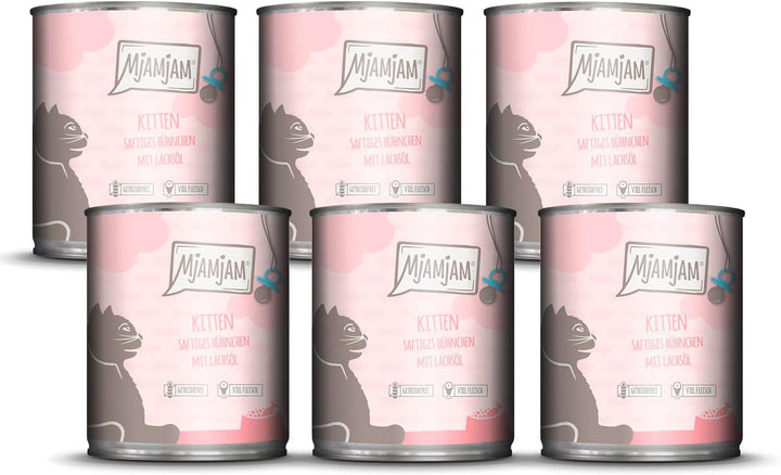 Mjamjam - Hrană umedă premium pentru pisici - Kitten Juicy Chicken cu ulei de somon, pachet de 6 (6 X 200 G), fără cereale, cu extra carne