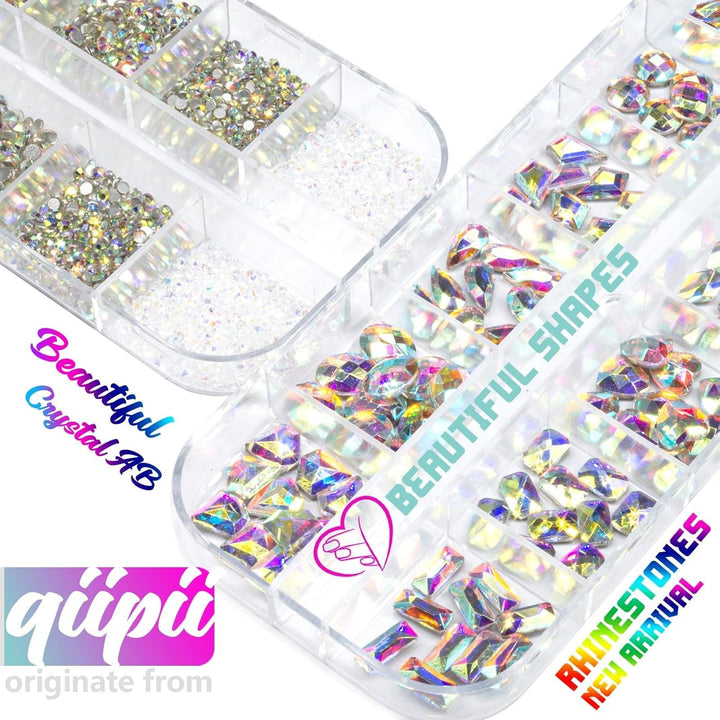 2630 buc pietre strălucitoare cristal AB pentru unghii, 120 pietre strălucitoare mari de 12 tipuri + 2510 pietre rotunde din sticlă K9 de 6 dimensiuni pentru unghii, strasuri, design de unghii, brelocuri pentru unghii pentru arta feței