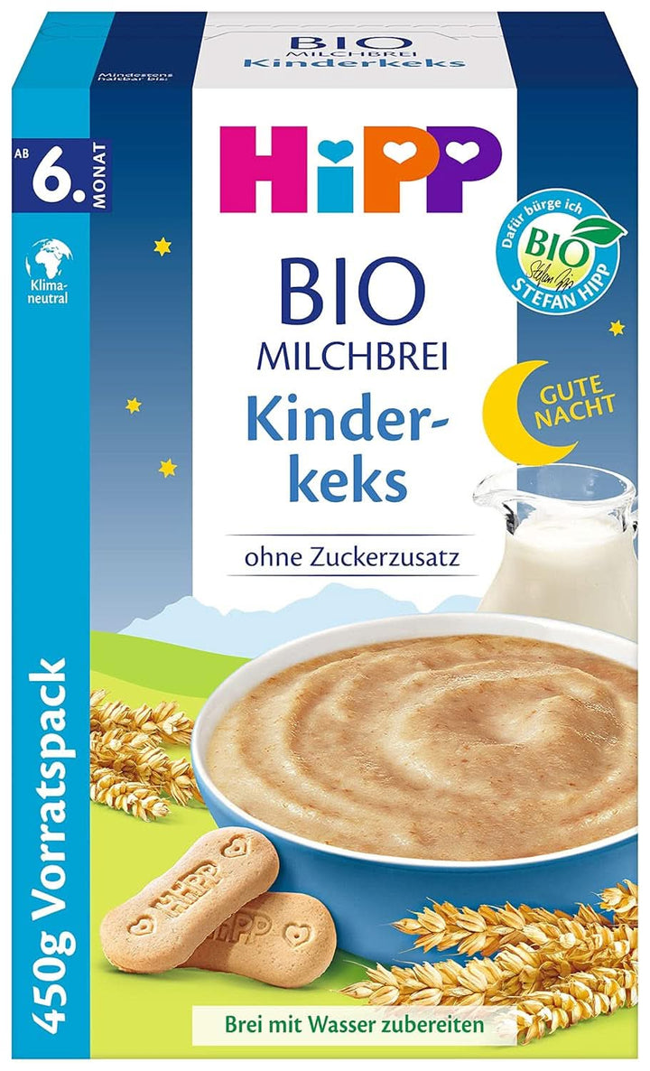 Hipp terci de lapte organic fără adaos de zahăr, semolina si banana, pachet de stocare (4X450 grame) Mama si Copilul Naty Shop 4 x 450 grame Biscuiți pentru copii