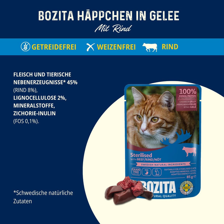 Bozita Sterilised Wet Food Morsels in Jelly With Beef - 12X85G săculeți Grain Free & Wheat Free Food For Cats - Hrană umedă pentru pisici cu un conținut de 8,5% proteine și 3,5% grăsimi